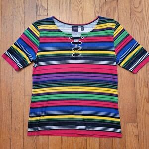 Rafaella Primary Striped Lace Up Corset Neck Top SP Teacher Vintage Retro Grunge